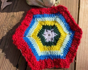 Handmade crochet Coaster. Collage Coaster. Cottage Chic Decor. Housewarming Gift, Gift for Her. Hexagon coaster.