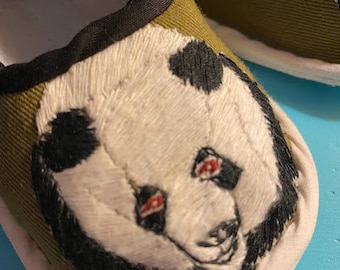 Panda  shoe. Folk art. Asian art. Baby panda shoe. Baby shoe. Handmade baby shoe