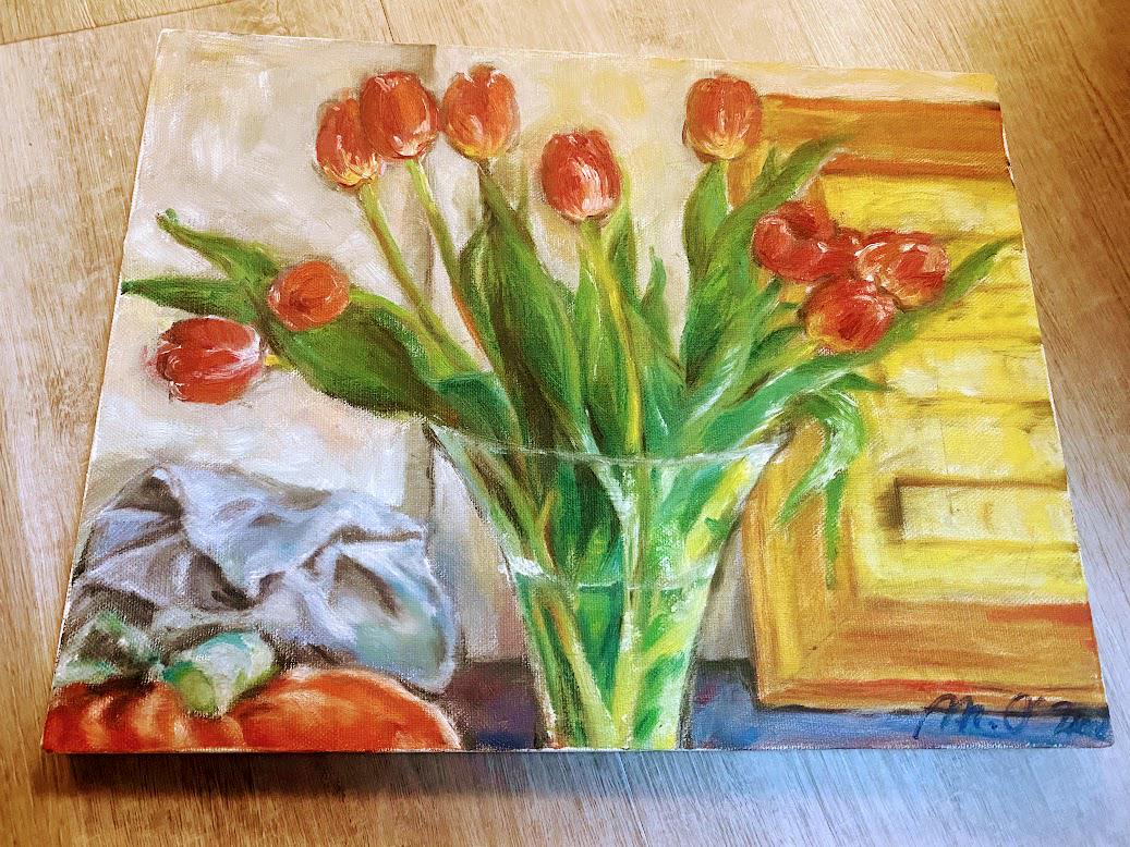 静物油絵。チューリップの花瓶の絵。絵画アート。 - Etsy 日本
