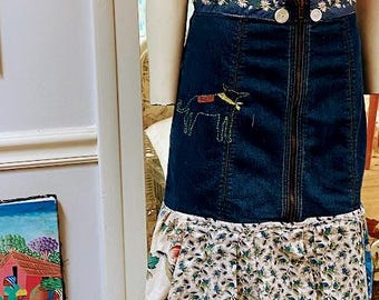 Upcycled clothing for women. Patchwork dressing. Handmade remake skirt.T-107