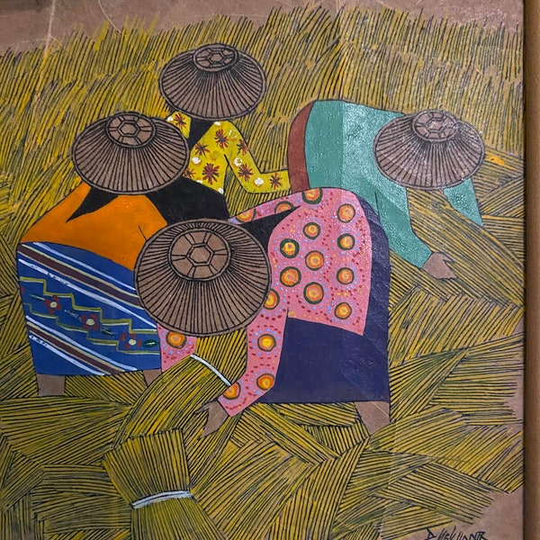 Framed square painting of Balinese villagers harvesting rice straw. Art collection. Indonesian art.