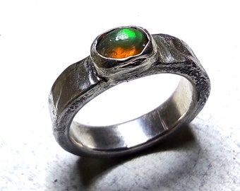 Reticulated Moonscape Texture Silver Band Ring with Natural Ethiopian Fire Opal 4x6mm, Hard-Core Ring, Unisex Opal Ring, Statement Jewelry