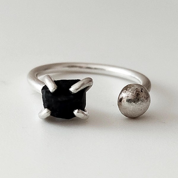 Sterling Silver Raw Onyx Ring, Adjustable Gemstone Ring