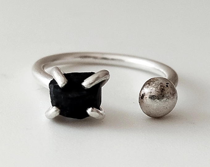 Dual Gemstone Ring, Sterling Silver Raw Onyx Open Ring, Adjustable Ring Women Gift Ideas