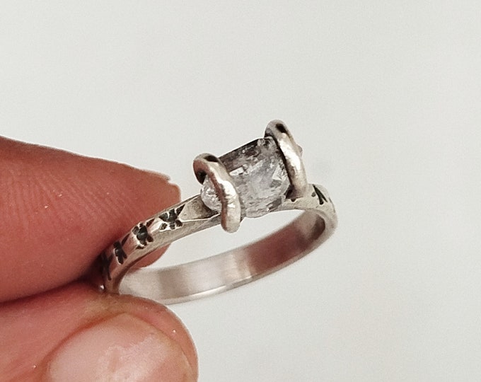 Unconventional engagement ring, Herkimer diamond solitaire ring, Sterling silver 925, Tension set ring her, Jewelry for special occasion