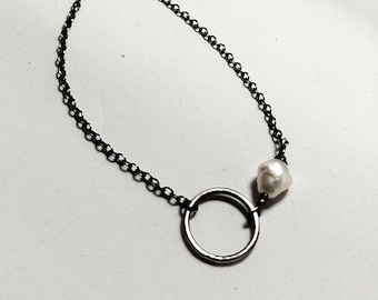 Fresh water pearl silver collar, Oxidized silver finish necklace, Jewelry gifts for her, Customizable length