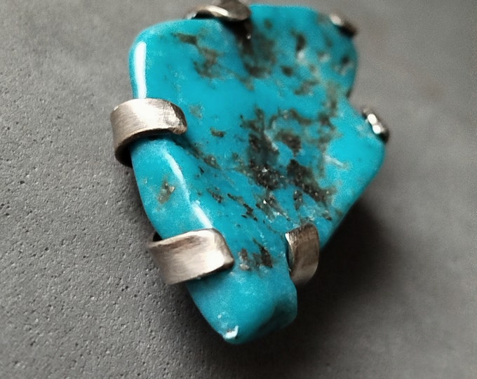 Large raw turquoise pendant necklace, Sterling silver boho style jewelry, Hand-forged setting, Unisex gift idea
