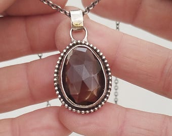 Handgemachte 925 Sterling Silber Halskette mit Rosenschliff Rauchquarz