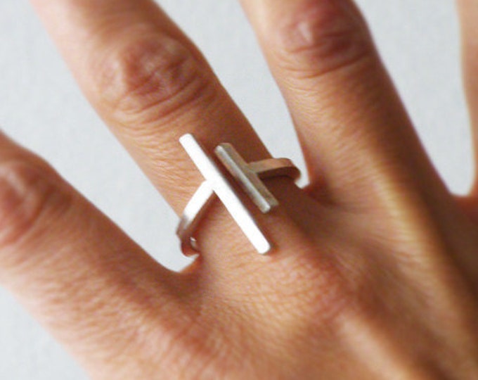 Women Parallel Bars Adjustable Sterling Silver Ring, Edgy Minimal Modern Open Ring Gift Ideas for Her