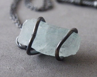 Aquamarine Necklace, Raw Aquamarine Crystal, Oxidized Sterling Silver, Gemstone Necklace, March Birthstone