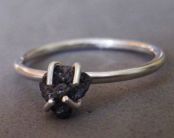 Black Diamond Solitaire Ring Authenthic Raw Uncut African Diamond CONFLICT FREE Diamond Ring Sterling Silver Prongs April Bithstone