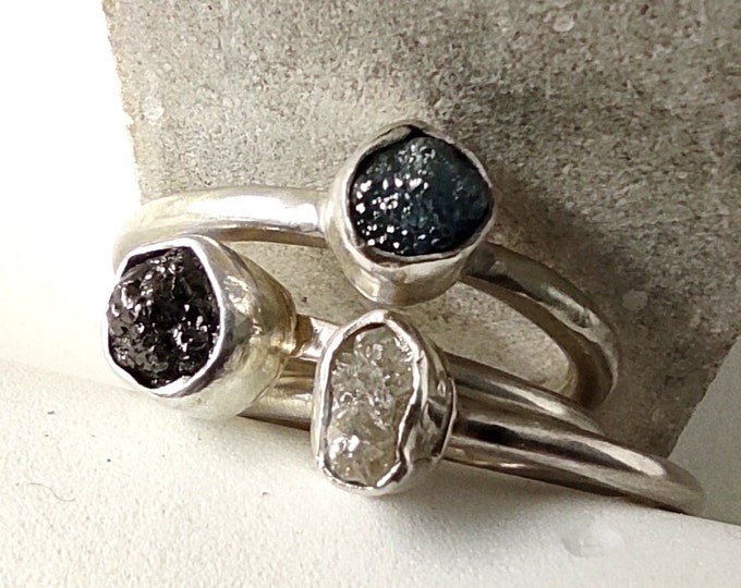 White-Green-Black Raw Diamond Solitaire Ring, Unconventional Engagement Ring, Conflict Free African Diamonds, April Birthstone