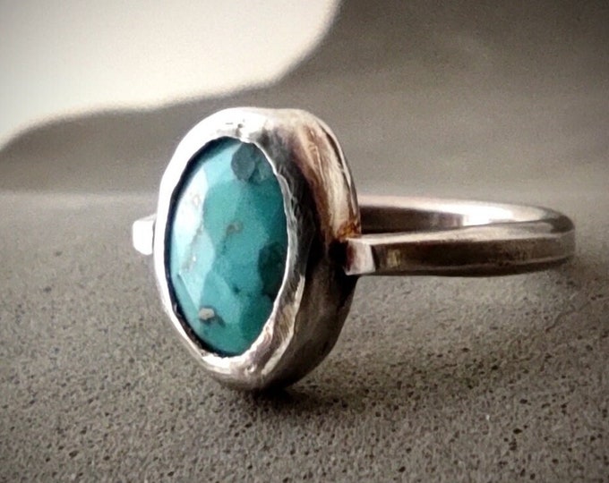 Rose cut Natural Arizona Turquoise cabochon ring, Antique Roman/Etruscan inspired sterling silver ring, December Birthstone jewelry