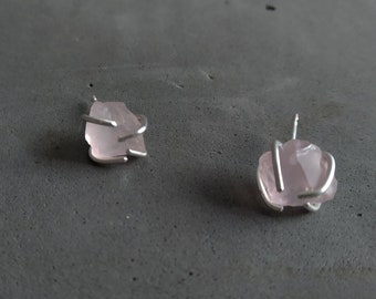 Natural Rose Quartz Studs Pink Quartz Earrings Sterling Silver Setting Capricorn Birthstone Zen Jewelry by SteamyLab