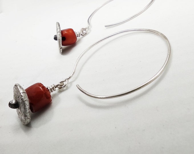 Red Corals Hoop Earrings for Women, Authentic Italian Corals on Sterling Silver Hoops, Earrings Gift Ideas