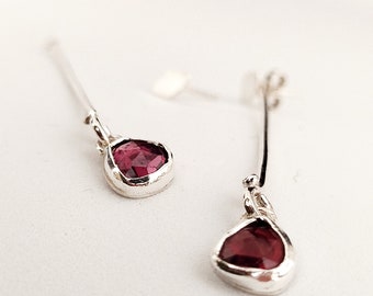 Dangle ear jacket earrings with rose cut rhodolite garnet cabochon, Versatile drop earrings, Women Gift Idea, Handmade