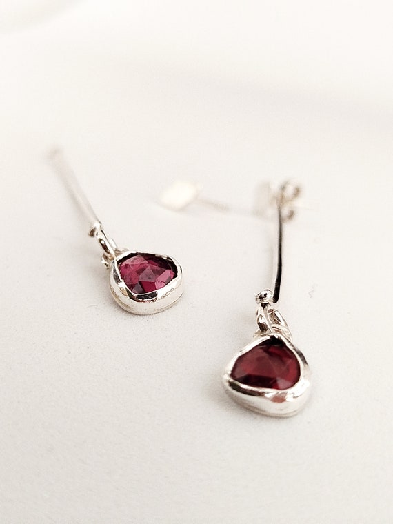 Dangle ear jacket earrings with rose cut rhodolite garnet cabochon, Versatile drop earrings, Women Gift Idea, Handmade