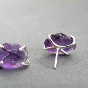 Raw Amethyst Stud Earrings, Amethyst Nuggets Posts, Sterling Silver Studs Purple earrings, February Birthstone image 5