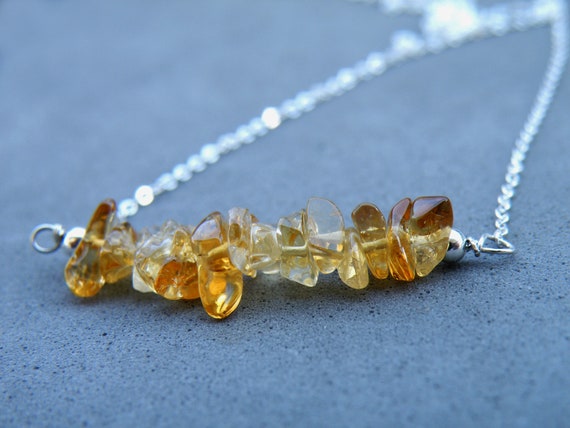 Raw Citrine Chips Necklace, Raw Citrine Boho Layered Necklace, November Birthstone, Gemstone Jewelry, Sterling Silver, 9 Carat Solid Gold