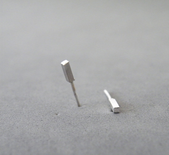 Square Stud Silver Bar Earrings, Geometric Modern Unisex Teens Studs