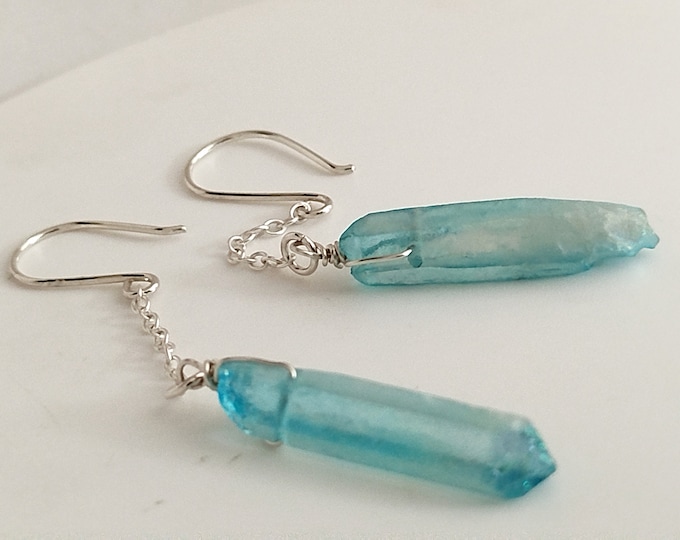 Boho Long dangle quartz earrings, Sterling silver, Light blue sea quartz point, Women gift idea, Mothers day presents