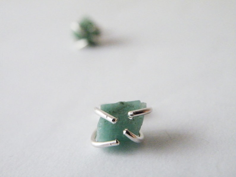 Raw Emerald Stud Earrings, May Birthstone Earrings, Zodiac Jewelry Gift Ideas for women image 1