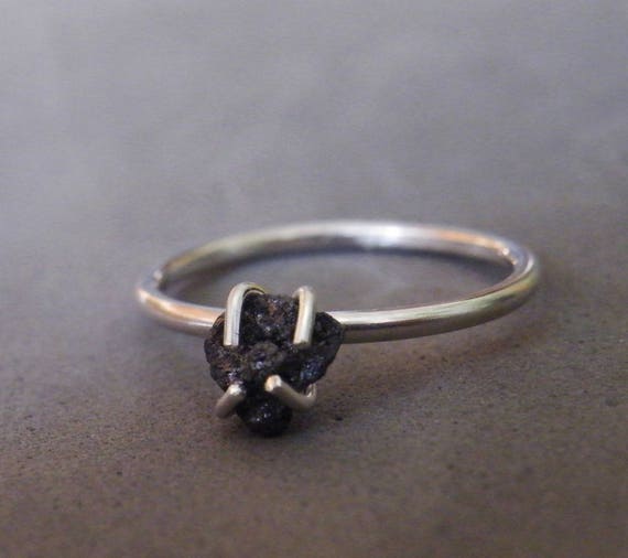 Black Diamond Solitaire Ring Authenthic Raw Uncut African Diamond CONFLICT FREE Diamond Ring Sterling Silver Prongs April Bithstone