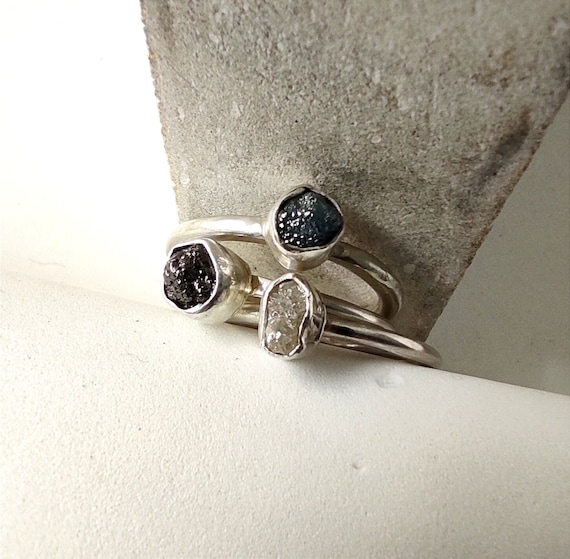 White-Green-Black Raw Diamond Solitaire Ring, Unconventional Engagement Ring, Conflict Free African Diamonds, April Bithstone