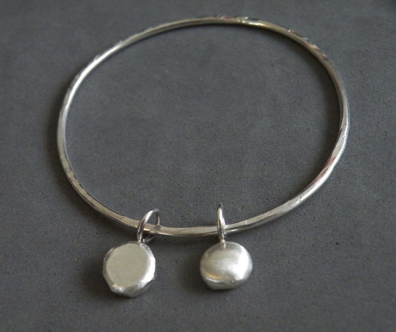 Sterling silver bangle with two solid charms. Available Thickness 2mm, 2.5mm, 3mm. Jewelry Gift Ideas