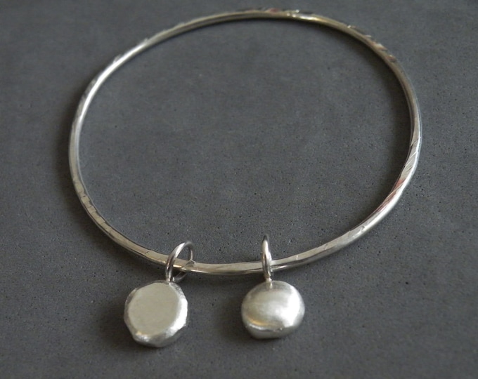 Sterling silver bangle with two solid charms. Available Thickness 2mm, 2.5mm, 3mm. Jewelry Gift Ideas