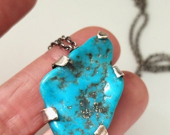 Large raw turquoise pendant necklace, Sterling silver boho style jewelry, Hand-forged setting, Unisex gift idea