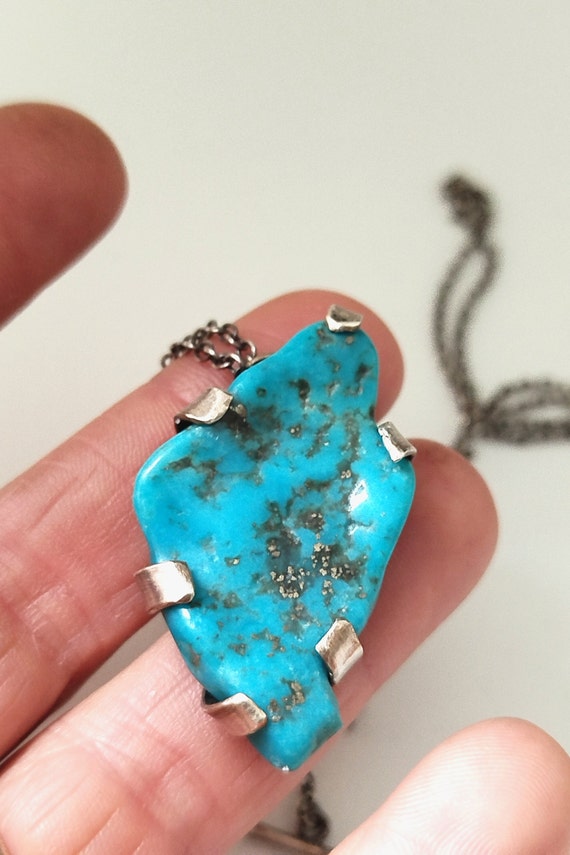 Large raw turquoise pendant necklace, Sterling silver boho style jewelry, Hand-forged setting, Unisex gift idea