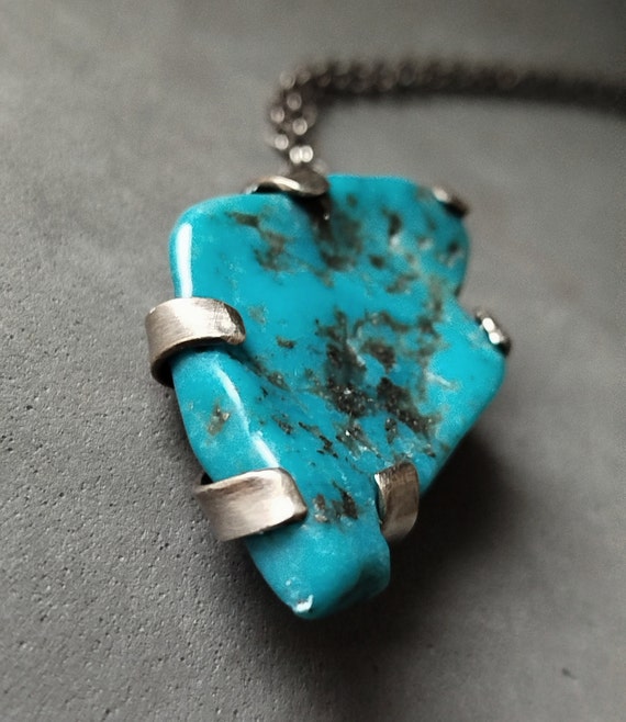 Raw Turquoise Pendant Necklace: Hand-Forged Sterling Silver Boho Jewelry
