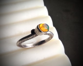 Ethiopian fire opal texture ring, Oxidized silver stacking ring with 6x4mm natural fire opal, Special gift idea for her, October Birthstone