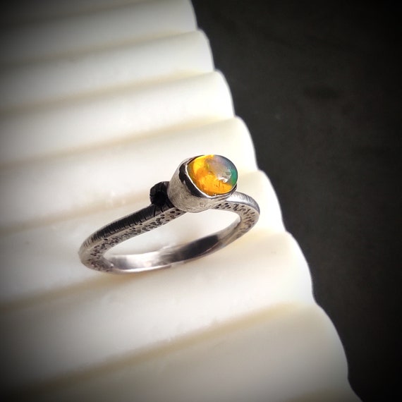 Ethiopian fire opal texture ring, Oxidized silver stacking ring with 6x4mm natural fire opal, Special gift idea for her, October Birthstone