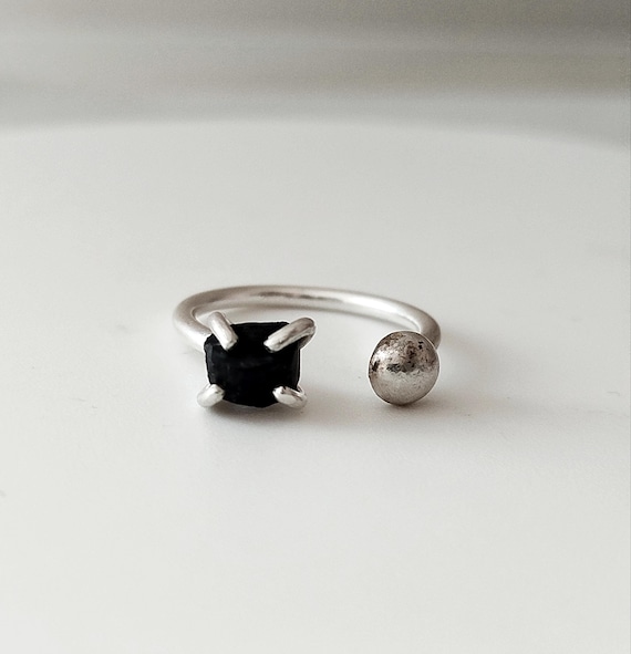 Dual Gemstone Ring, Sterling Silver Raw Onyx Open Ring, Adjustable Ring Women Gift Ideas