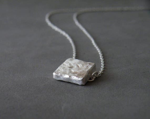 Slate Pendant Concrete Texture Uneven Square Silver Pendant Necklace Texture Necklace by SteamyLab