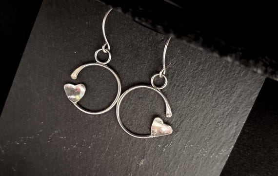 Handmade Sterling Silver Earrings – Minimal Circle and Heart Design