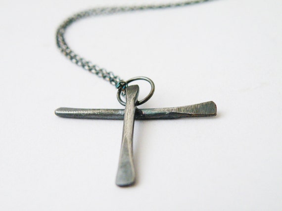 Black Cross Long Pendant Necklace Oxidized Minimalist Sterling Silver Necklace Religious Necklace by Steamylab