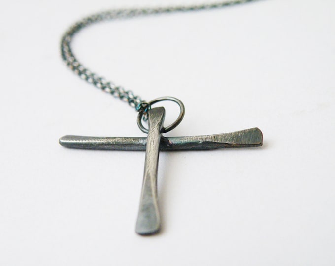Black Cross Long Pendant Necklace Oxidized Minimalist Sterling Silver Necklace Religious Necklace by Steamylab