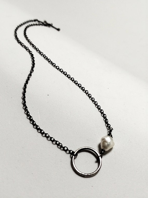 Fresh water pearl silver collar, Oxidized silver finish necklace, Jewelry gifts for her, Customizable length