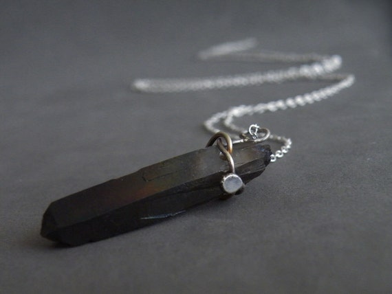 Gun Black Quartz Stick Necklace Dagger Quartz Sterling Silver Boho Necklace Raw Quartz Jewelry by SteamyLab