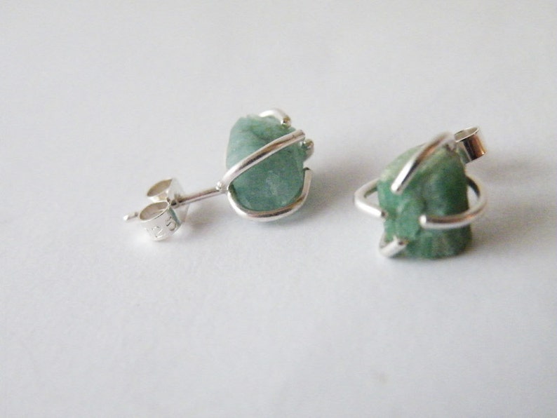Raw Emerald Stud Earrings, May Birthstone Earrings, Zodiac Jewelry Gift Ideas for women image 3