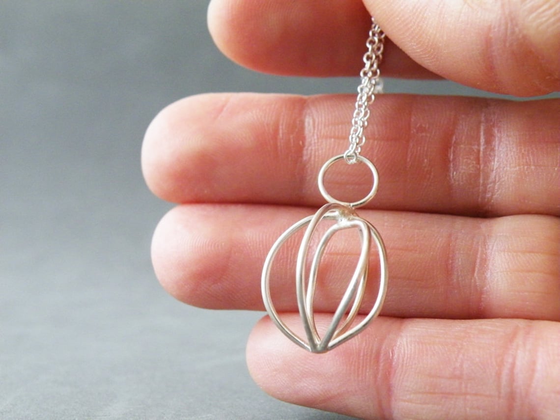 Sterling Silver Cage Necklace Minimalist Pendant Necklace Etsy