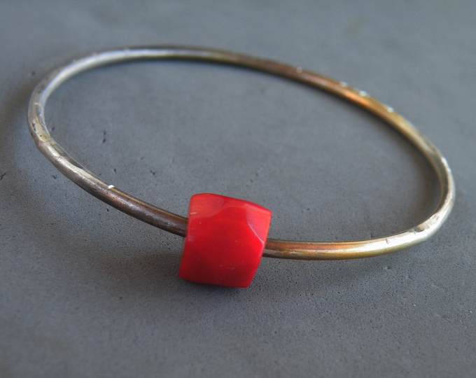 Collection Sicilia, Limited Edition, Oxidized Sterling Silver Red Coral Bangle, Rustic Coral Bracelet by Steamylab