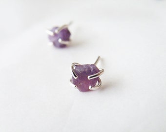 Rough Purple Ruby Stud Earrings, July Birthstone Sterling Silver Earrings,  Women Gifts