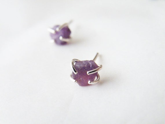 Rough Purple Ruby Stud Earrings, July Birthstone Sterling Silver Earrings,  Women Gifts