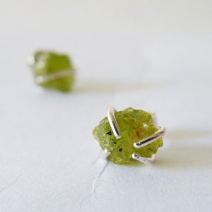 Raw Peridot  Stud Earrings with Sterling Silver Prongs, August Birthstone Jewelry, Wife and Friend Gift Ideas