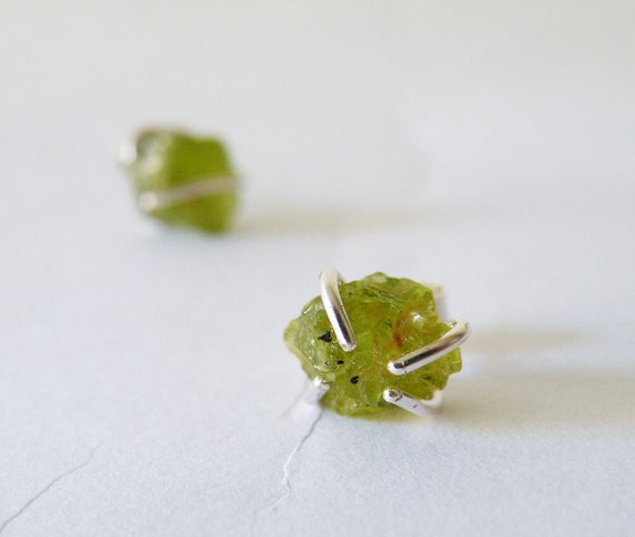 Raw Peridot  Stud Earrings with Sterling Silver Prongs, August Birthstone Jewelry, Wife and Friend Gift Ideas