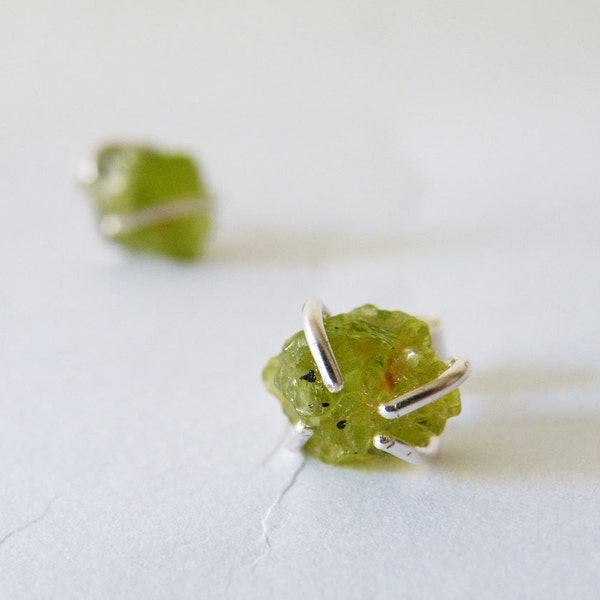 Raw Peridot  Stud Earrings with Sterling Silver Prongs, August Birthstone Jewelry, Wife and Friend Gift Ideas